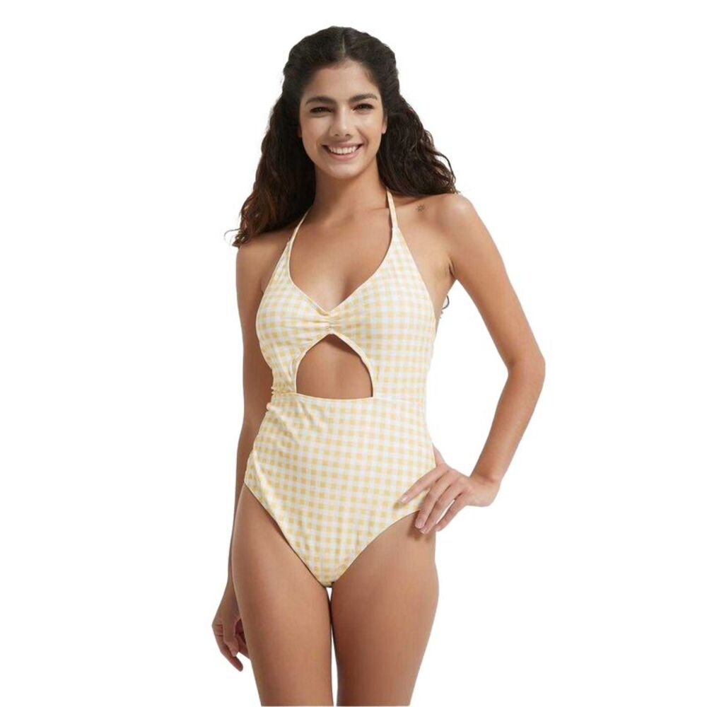 Be You Womens/Ladies Gingham Cut Out One Piece Bathing Suit / Yellow Print